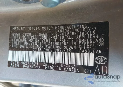 2017 Toyota Corolla Le из США, поврежденный, VIN 2T1BURHE2HC826416